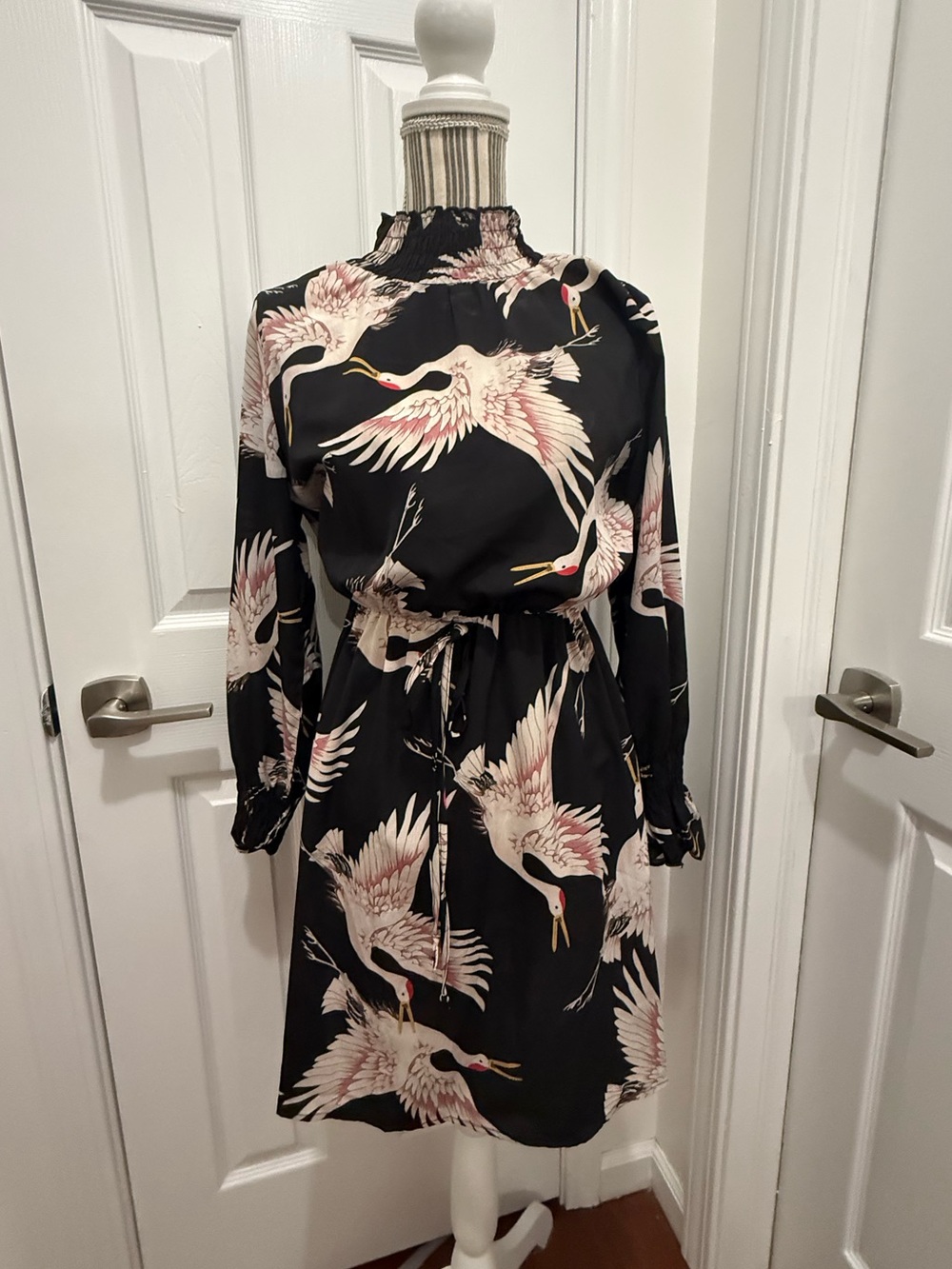 Black Crane-Print Long Sleeve Dress High Neck Tie Waist